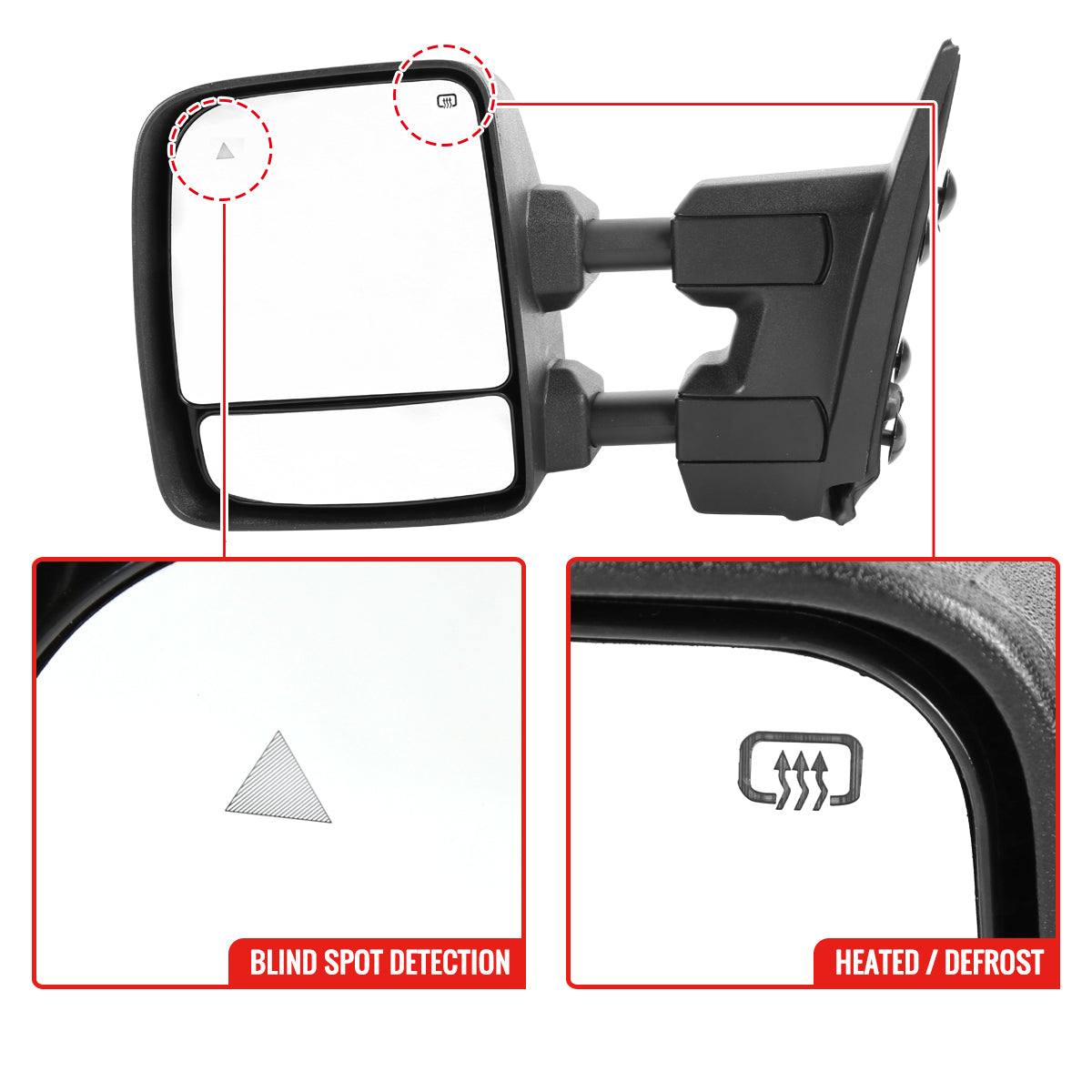 2016-2022 Nissan Titan Power Adjustable, BSM, & Manually Extendable Black Towing Mirrors with Clear Lens LED Turn Signal & Puddle Lights