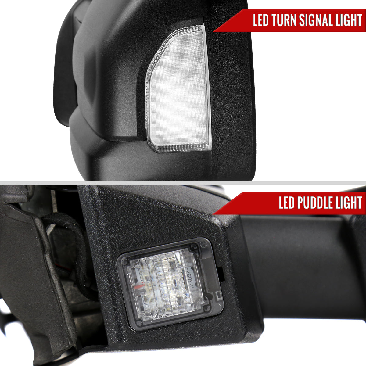 2016-2022 Nissan Titan Power Adjustable, BSM, & Manually Extendable Black Towing Mirrors with Clear Lens LED Turn Signal & Puddle Lights