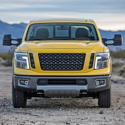 2016-2022 Nissan Titan Power Adjustable, BSM, & Manually Extendable Black Towing Mirrors with Clear Lens LED Turn Signal & Puddle Lights