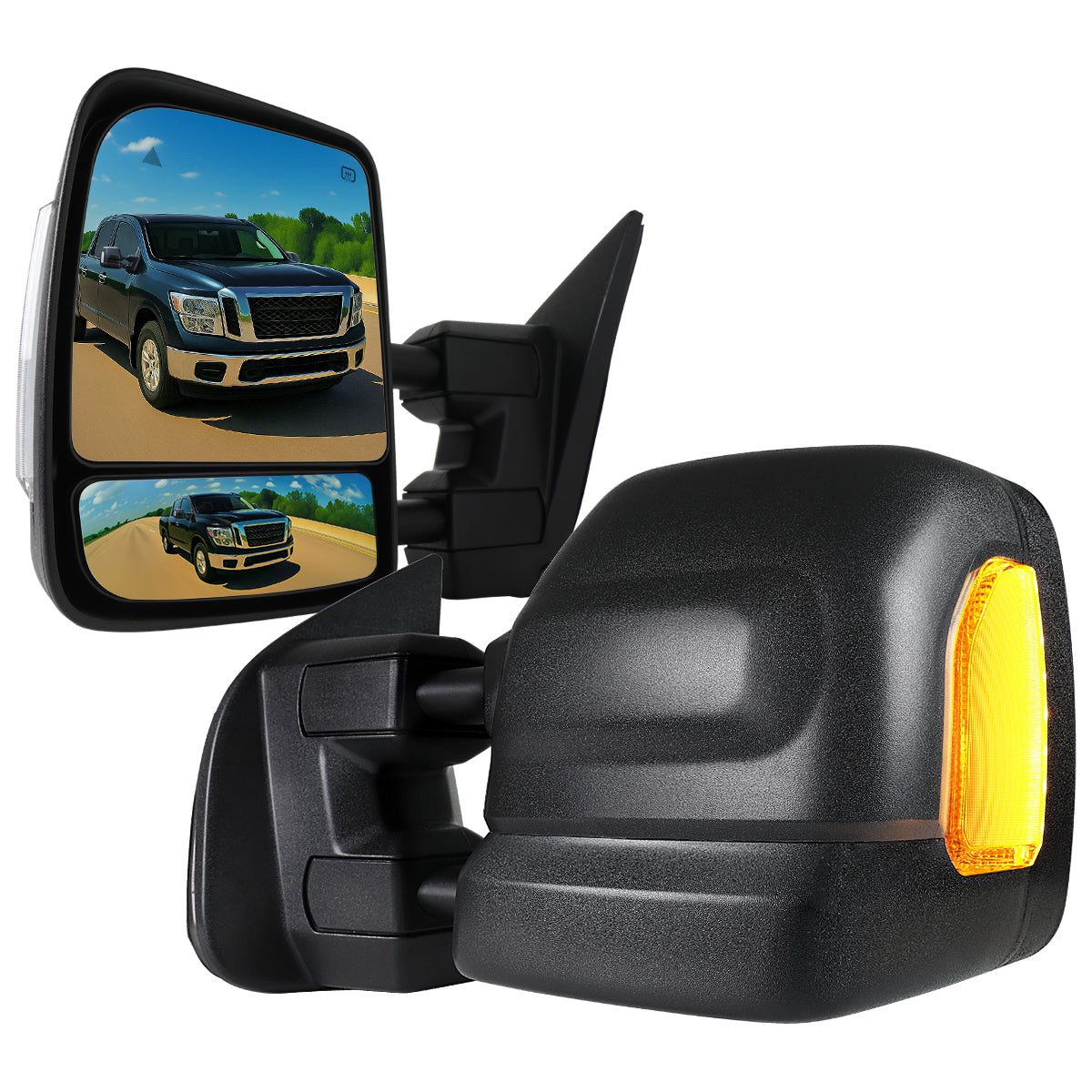 2016-2022 Nissan Titan Power Adjustable, BSM, & Manually Extendable Black Towing Mirrors with Clear Lens LED Turn Signal & Puddle Lights