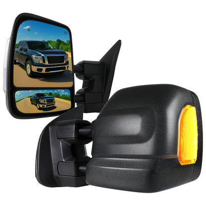 2016-2022 Nissan Titan Power Adjustable, BSM, & Manually Extendable Black Towing Mirrors with Clear Lens LED Turn Signal & Puddle Lights