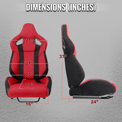 Universal Fully Reclinable Black Red Suede Bucket Racing Seat w/ Sliders - Driver Side Only
