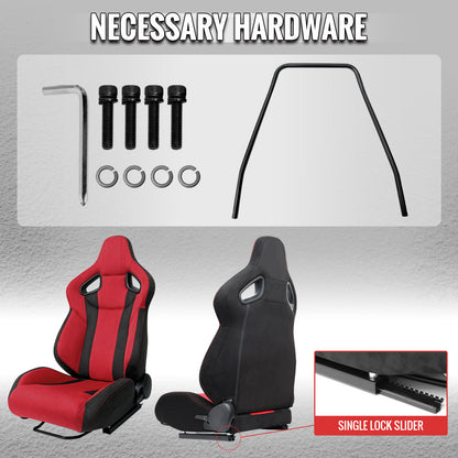 Universal Fully Reclinable Black Red Suede Bucket Racing Seat w/ Sliders - Driver Side Only