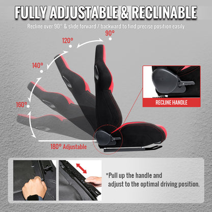 Universal Fully Reclinable Black Red Suede Bucket Racing Seat w/ Sliders - Passenger Side Only