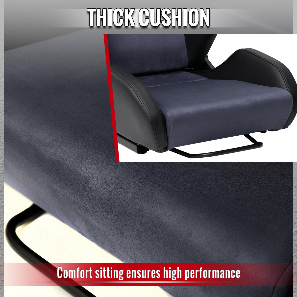 Universal Fully Reclinable Black PU Leather Gray Suede Bucket Racing Seat w/ Sliders - Single Seat