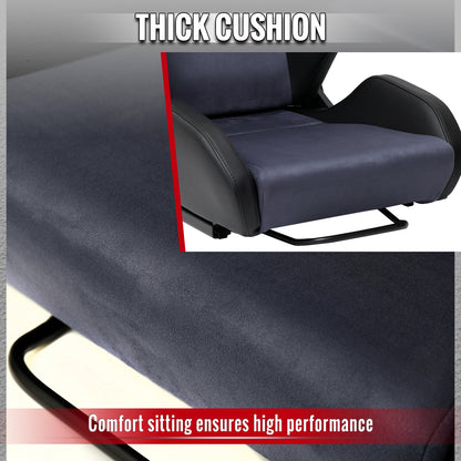Universal Fully Reclinable Black PU Leather Gray Suede Bucket Racing Seat w/ Sliders - Single Seat