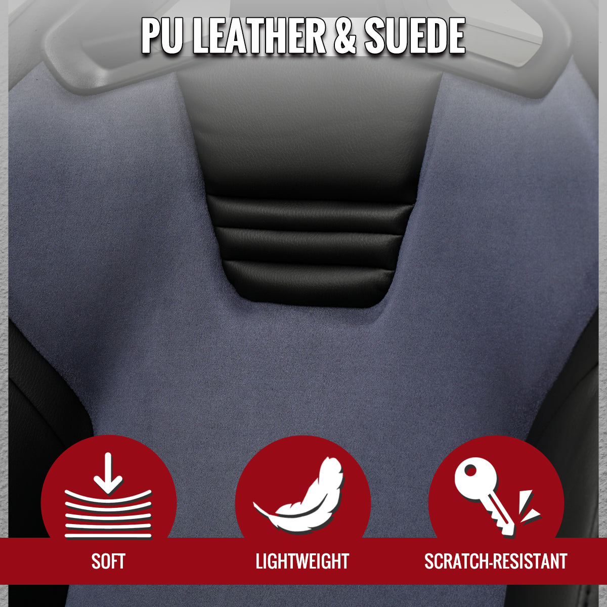 Universal Fully Reclinable Black PU Leather Gray Suede Bucket Racing Seat w/ Sliders - Single Seat