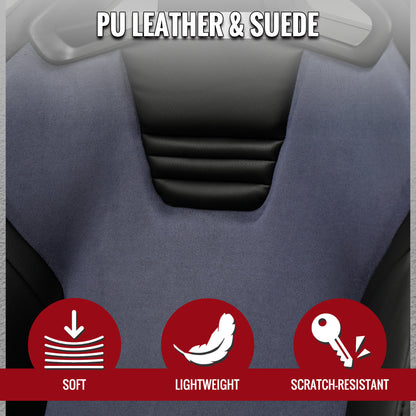 Universal Fully Reclinable Black PU Leather Gray Suede Bucket Racing Seat w/ Sliders - Single Seat