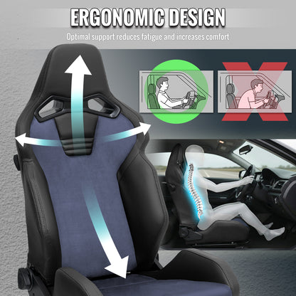 Universal Fully Reclinable Black PU Leather Gray Suede Bucket Racing Seat w/ Sliders - Single Seat