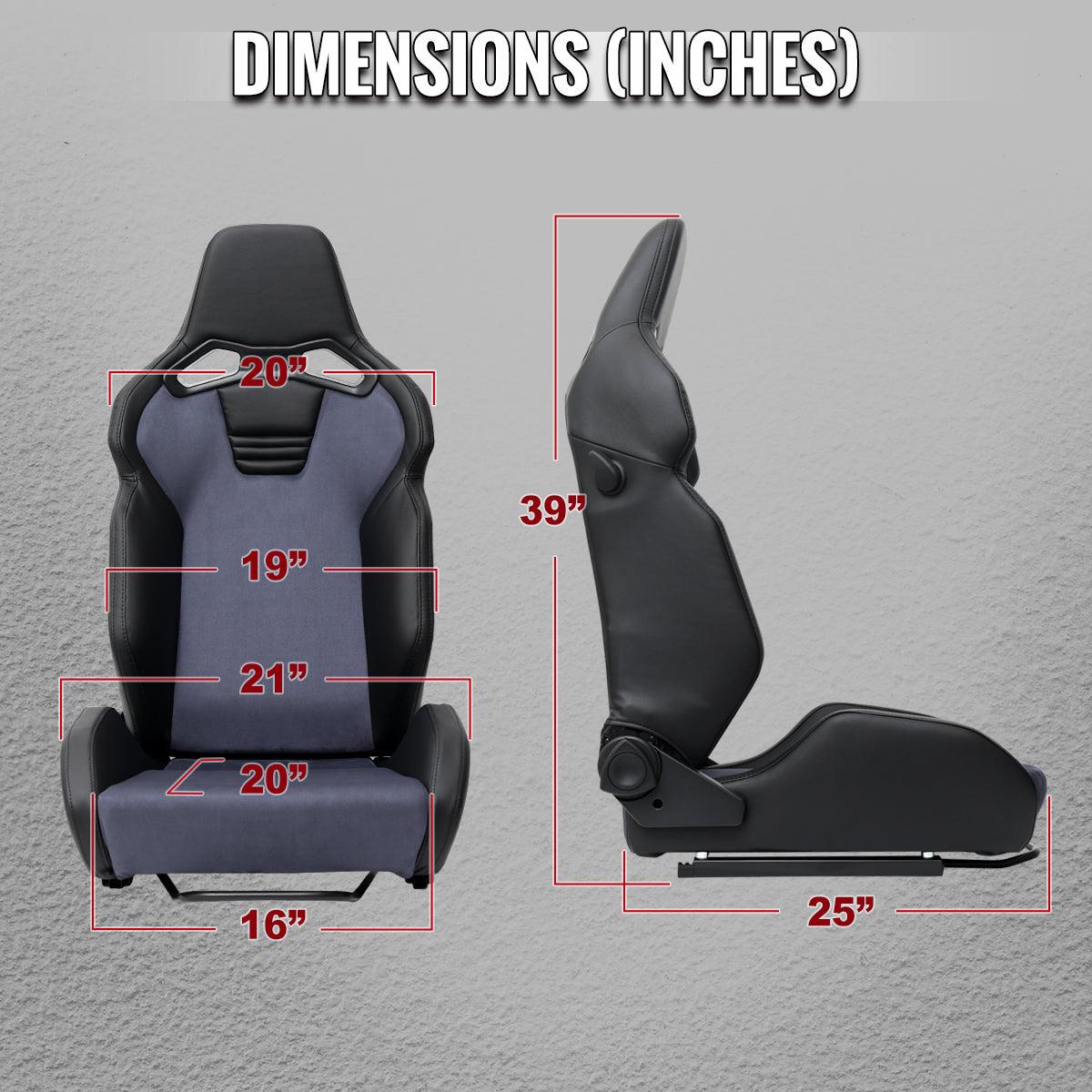 Universal Fully Reclinable Black PU Leather Gray Suede Bucket Racing Seat w/ Sliders - Single Seat