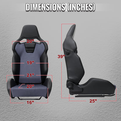 Universal Fully Reclinable Black PU Leather Gray Suede Bucket Racing Seat w/ Sliders - Single Seat
