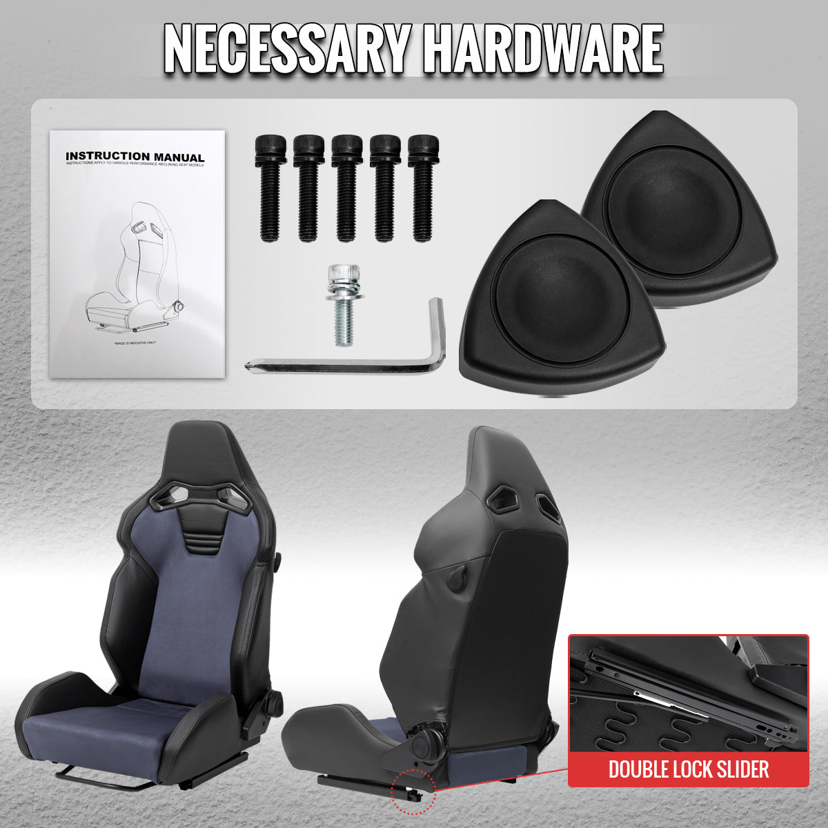Universal Fully Reclinable Black PU Leather Gray Suede Bucket Racing Seat w/ Sliders - Single Seat