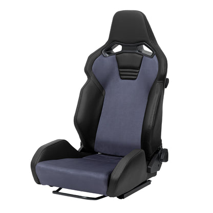 Universal Fully Reclinable Black PU Leather Gray Suede Bucket Racing Seat w/ Sliders - Single Seat
