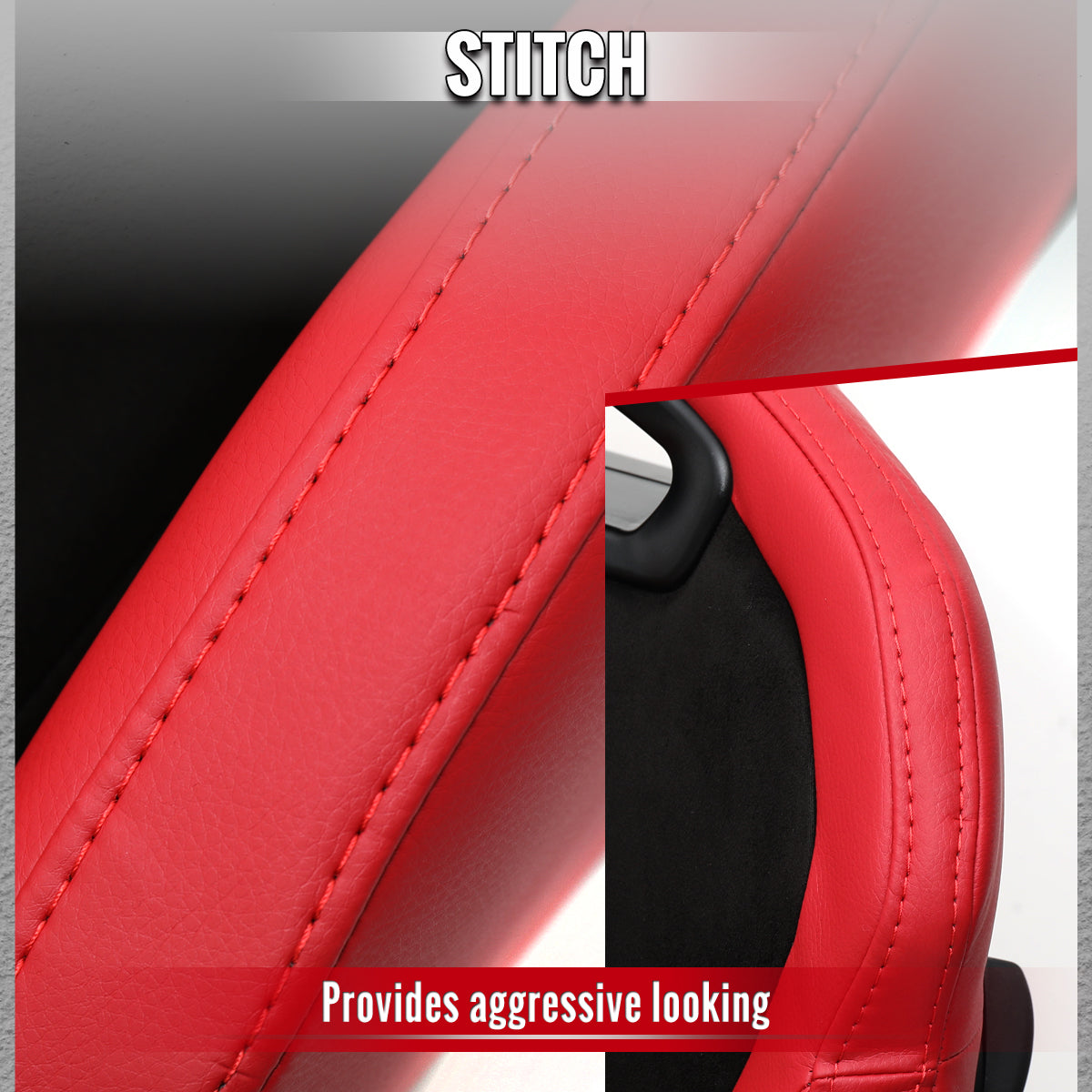 Universal Fully Reclinable Red PU Leather Black Suede Bucket Racing Seat w/ Sliders - Single Seat