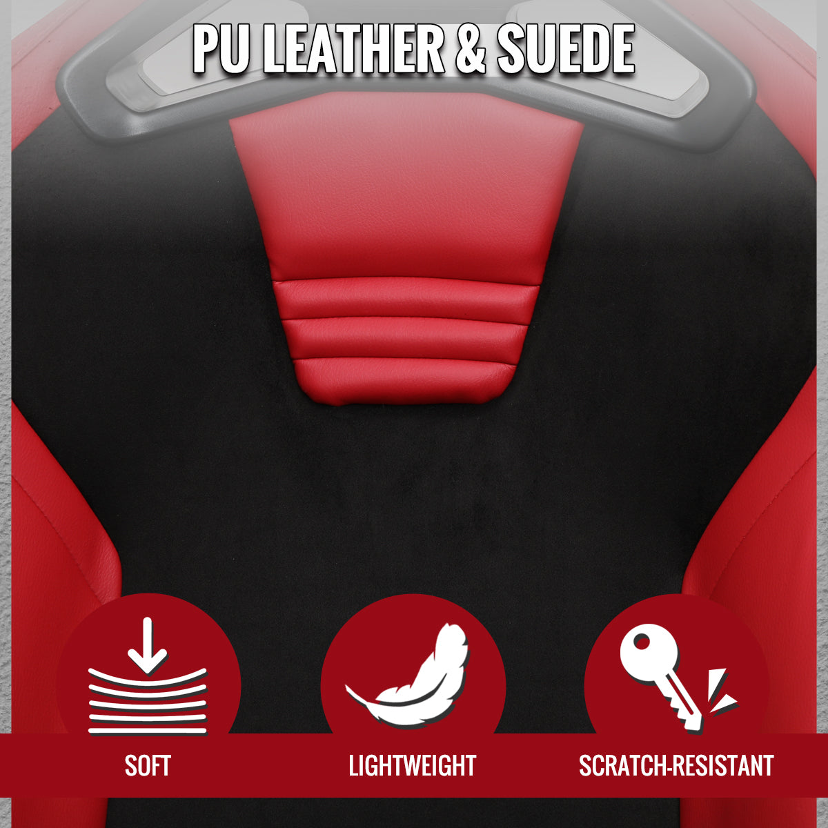 Universal Fully Reclinable Red PU Leather Black Suede Bucket Racing Seat w/ Sliders - Single Seat