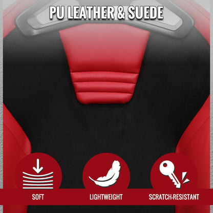 Universal Fully Reclinable Red PU Leather Black Suede Bucket Racing Seat w/ Sliders - Single Seat