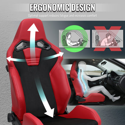Universal Fully Reclinable Red PU Leather Black Suede Bucket Racing Seat w/ Sliders - Single Seat