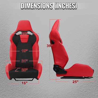Universal Fully Reclinable Red PU Leather Black Suede Bucket Racing Seat w/ Sliders - Single Seat