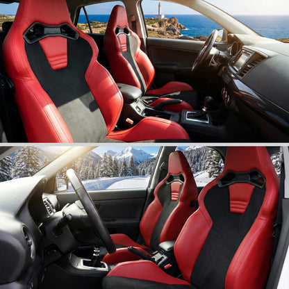 Universal Fully Reclinable Red PU Leather Black Suede Bucket Racing Seat w/ Sliders - Single Seat