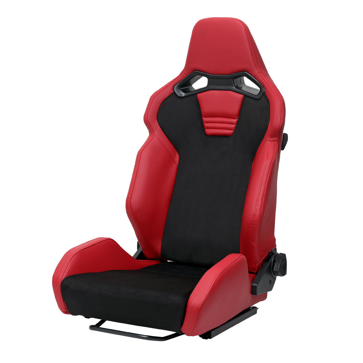 Universal Fully Reclinable Red PU Leather Black Suede Bucket Racing Seat w/ Sliders - Single Seat