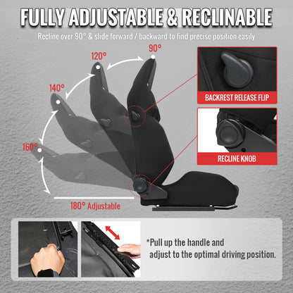Universal Fully Reclinable Black Suede Blue Mesh Bucket Racing Seat w/ Sliders - Single Seat