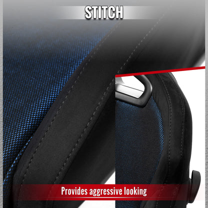 Universal Fully Reclinable Black Suede Blue Mesh Bucket Racing Seat w/ Sliders - Single Seat