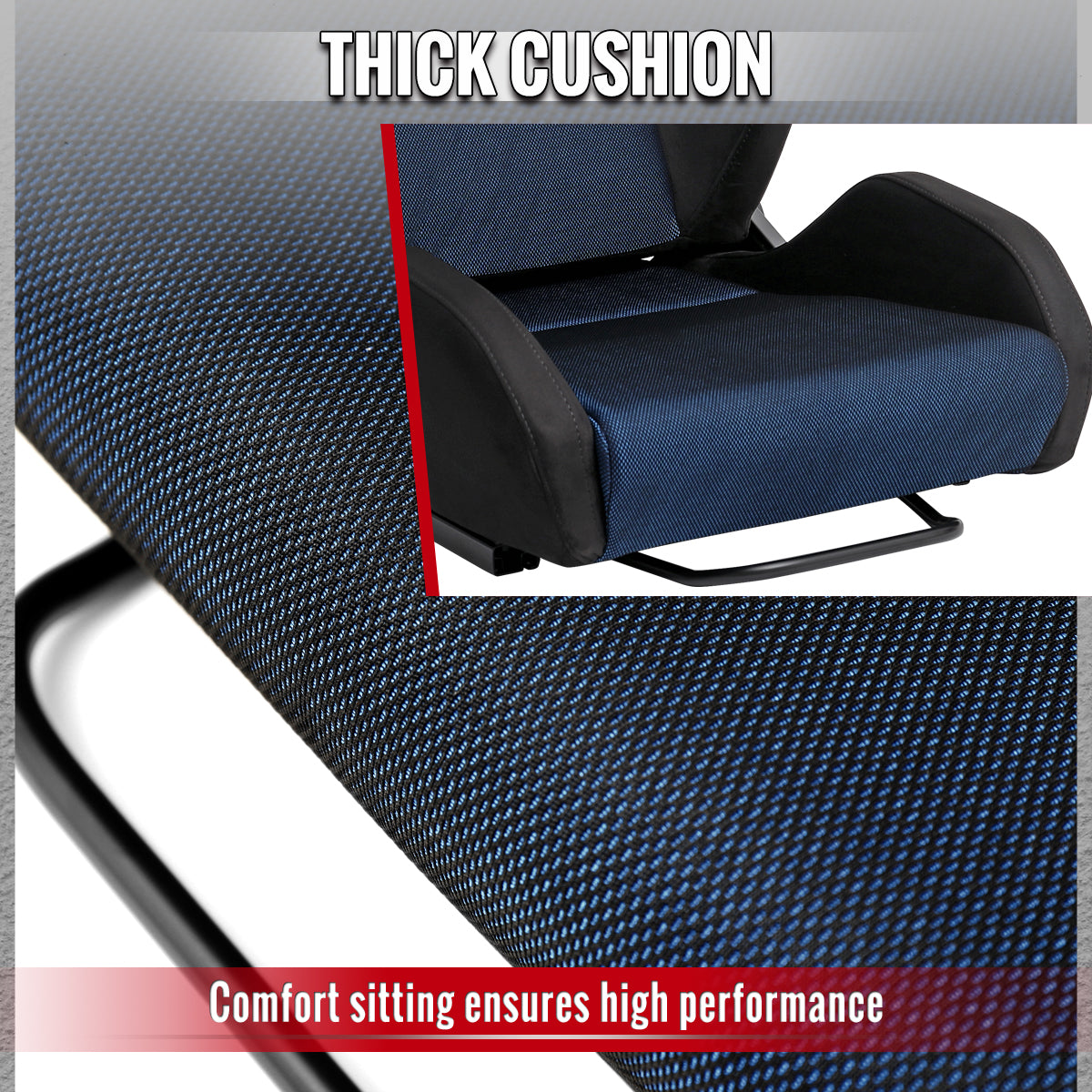 Universal Fully Reclinable Black Suede Blue Mesh Bucket Racing Seat w/ Sliders - Single Seat