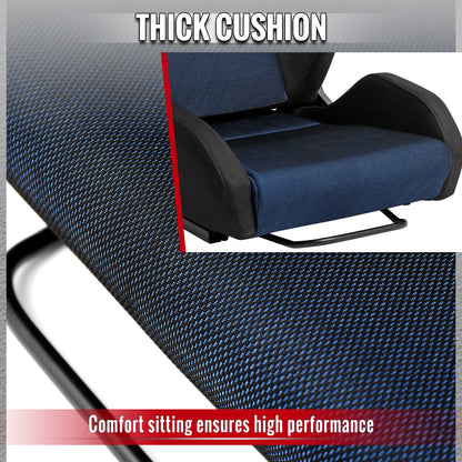 Universal Fully Reclinable Black Suede Blue Mesh Bucket Racing Seat w/ Sliders - Single Seat