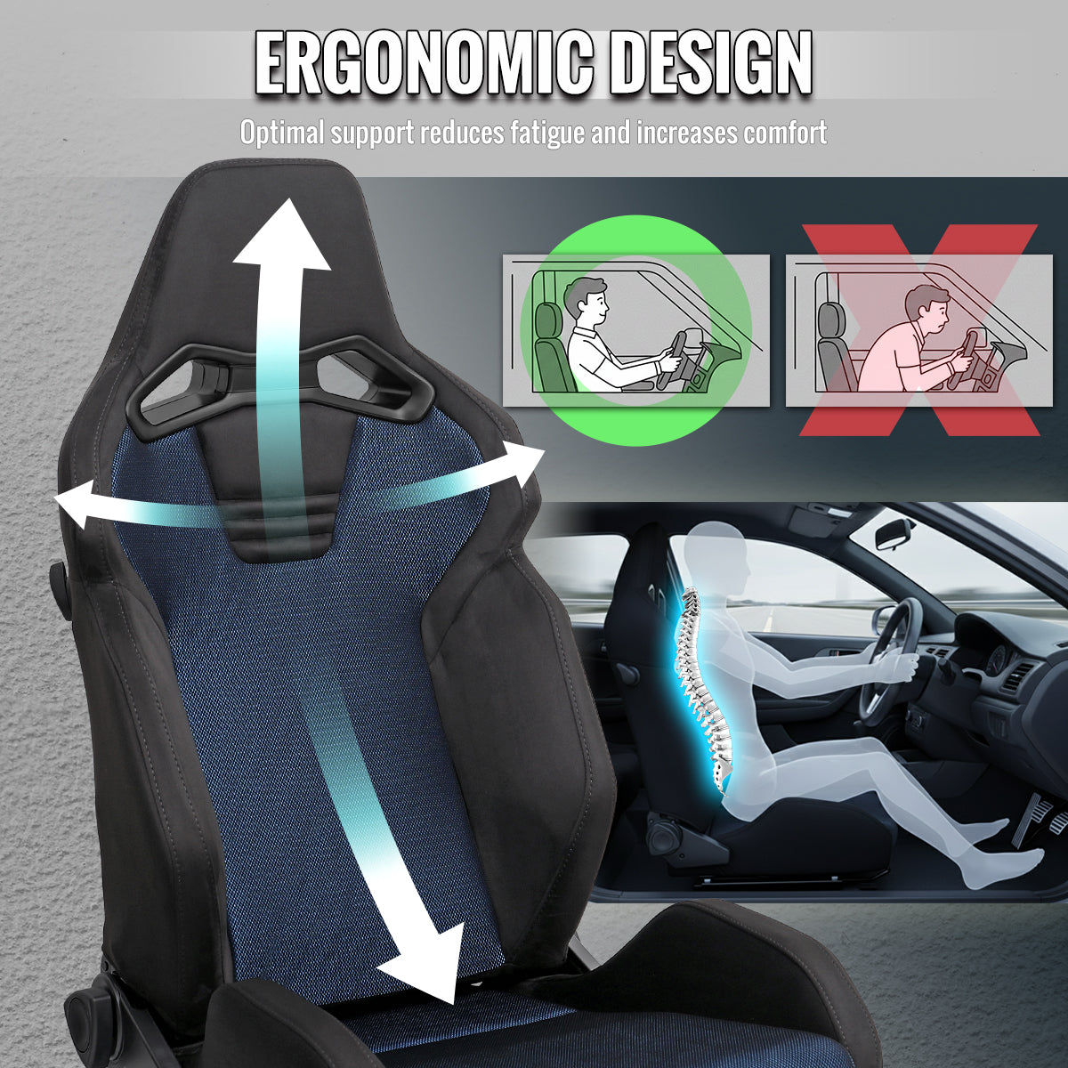 Universal Fully Reclinable Black Suede Blue Mesh Bucket Racing Seat w/ Sliders - Single Seat