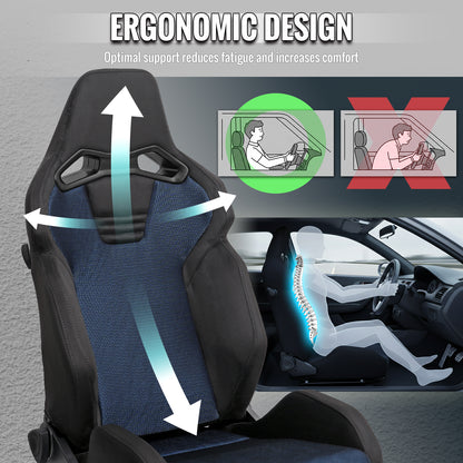Universal Fully Reclinable Black Suede Blue Mesh Bucket Racing Seat w/ Sliders - Single Seat