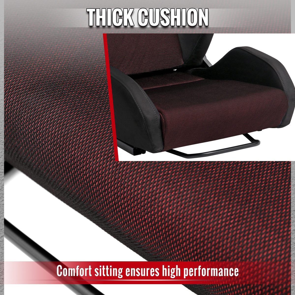 Universal Fully Reclinable Black Suede Red Mesh Bucket Racing Seat w/ Sliders - Single Seat