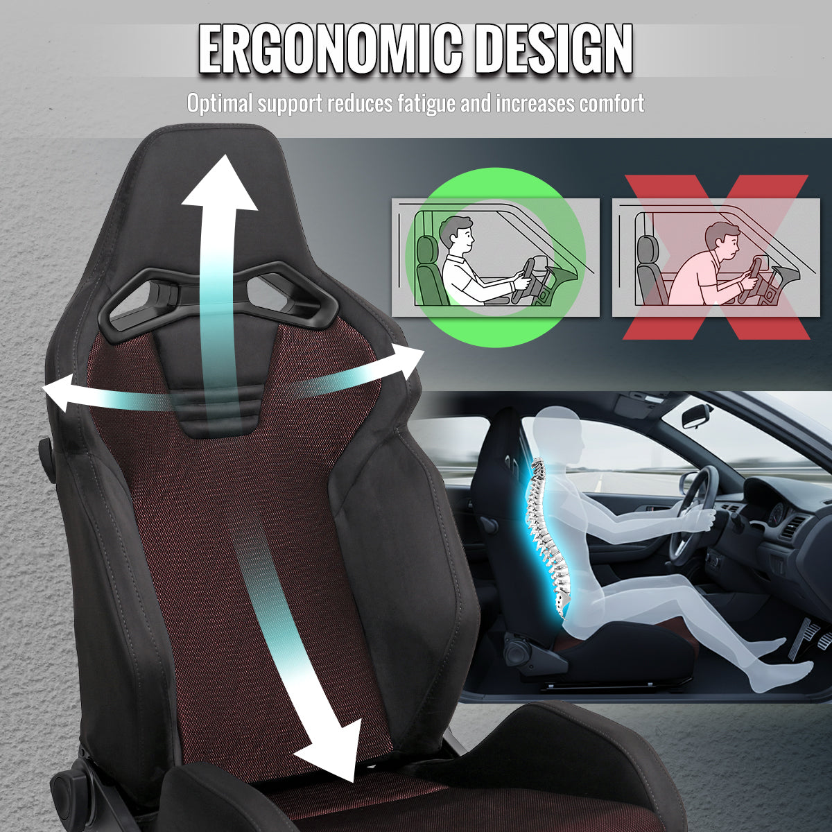 Universal Fully Reclinable Black Suede Red Mesh Bucket Racing Seat w/ Sliders - Single Seat