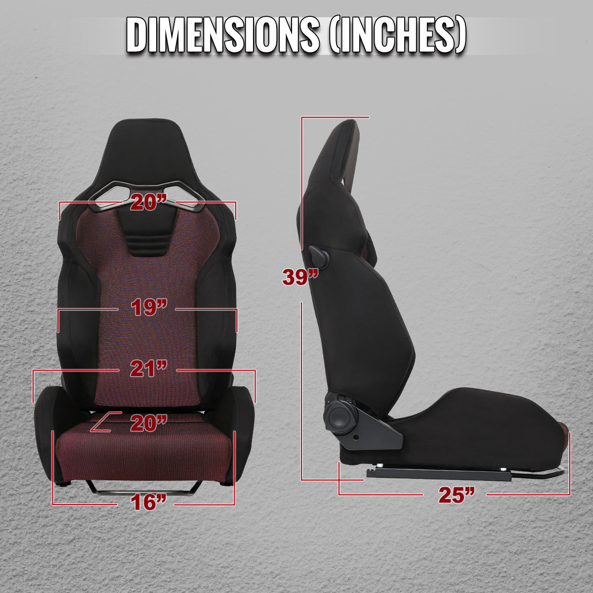 Universal Fully Reclinable Black Suede Red Mesh Bucket Racing Seat w/ Sliders - Single Seat