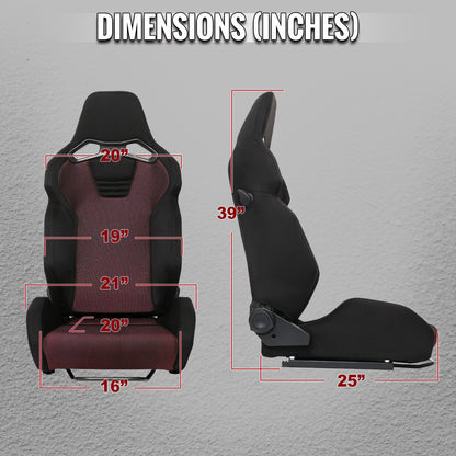 Universal Fully Reclinable Black Suede Red Mesh Bucket Racing Seat w/ Sliders - Single Seat
