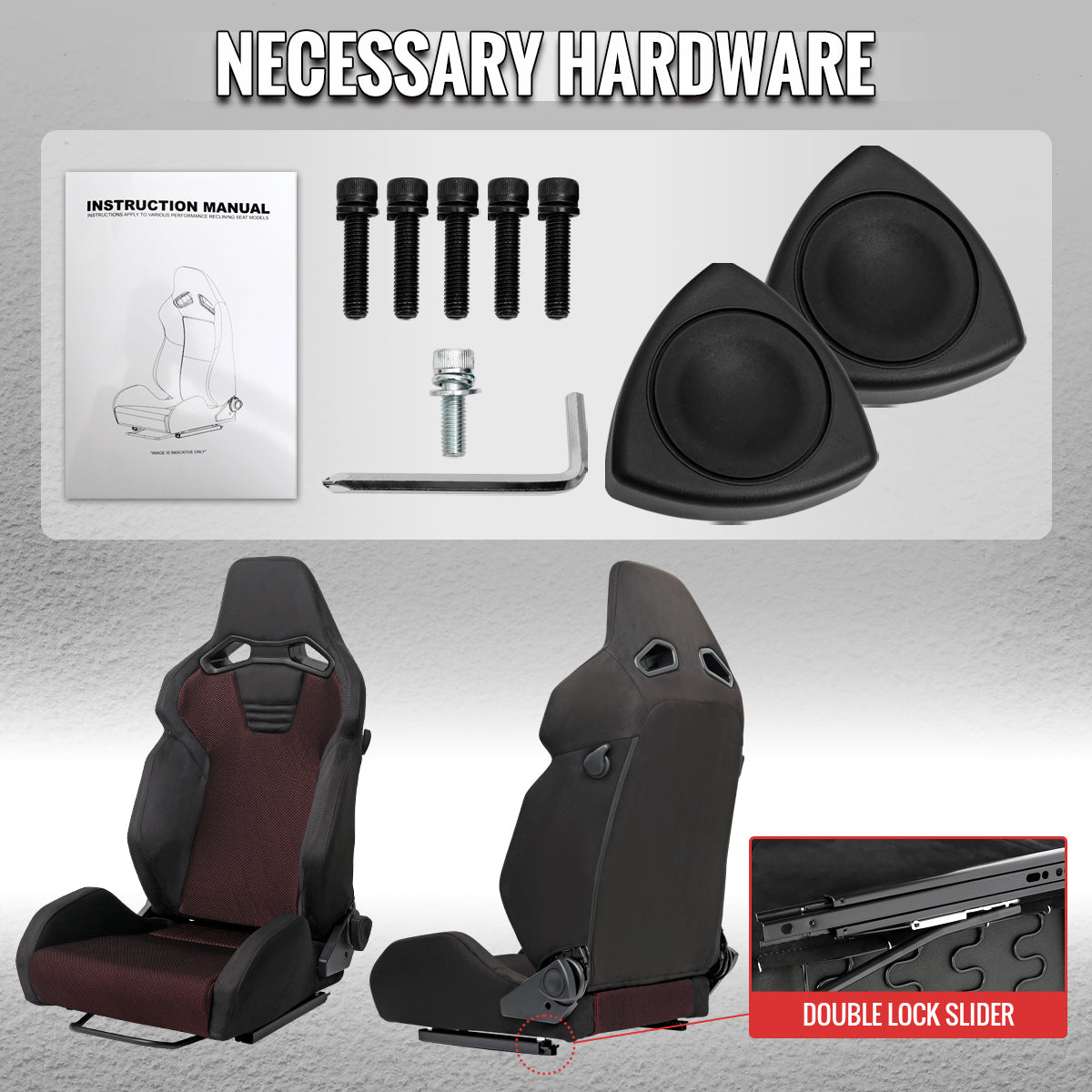Universal Fully Reclinable Black Suede Red Mesh Bucket Racing Seat w/ Sliders - Single Seat