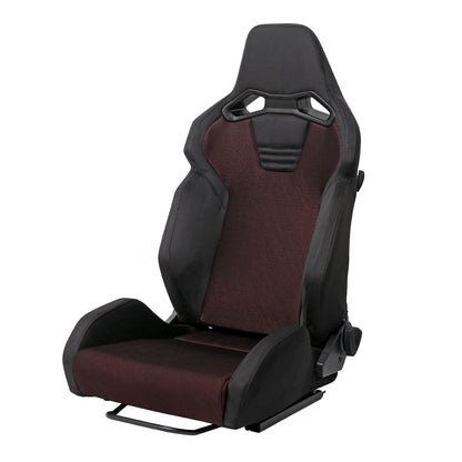 Universal Fully Reclinable Black Suede Red Mesh Bucket Racing Seat w/ Sliders - Single Seat