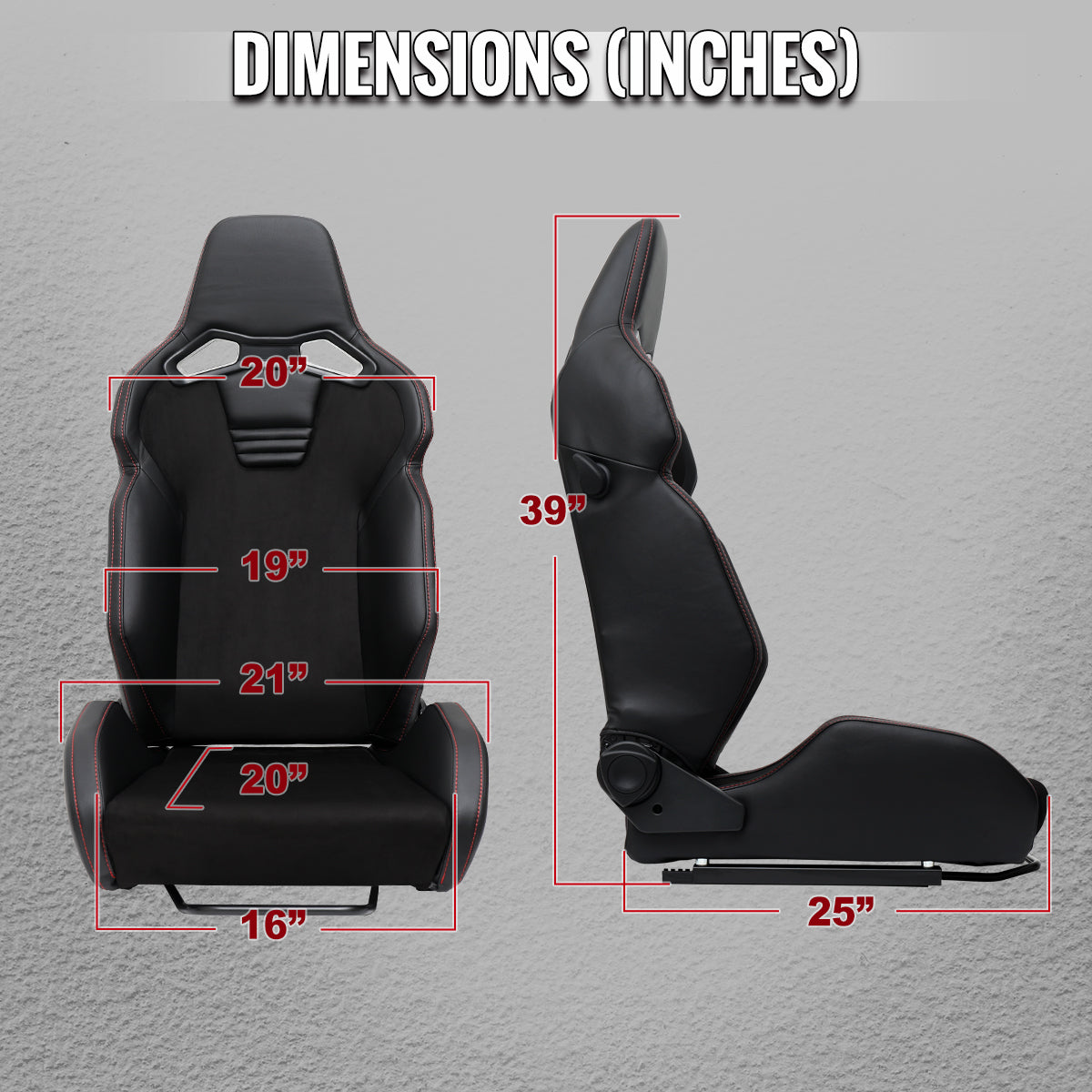 Universal Fully Reclinable Black PU Leather Suede Bucket Racing Seat w/ Sliders - Single Seat