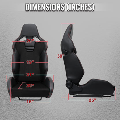 Universal Fully Reclinable Black PU Leather Suede Bucket Racing Seat w/ Sliders - Single Seat