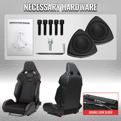 Universal Fully Reclinable Black PU Leather Suede Bucket Racing Seat w/ Sliders - Single Seat