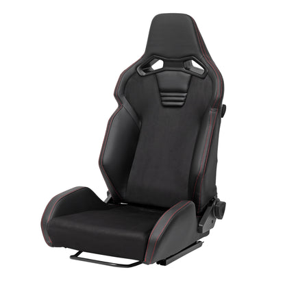 Universal Fully Reclinable Black PU Leather Suede Bucket Racing Seat w/ Sliders - Single Seat