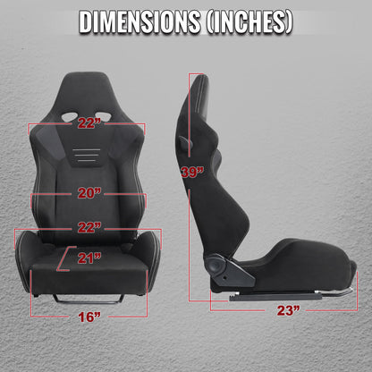 Universal Fully Reclinable Black Suede Silver Stitch High Bolster Bucket Racing Seat w/ Sliders - Single Seat