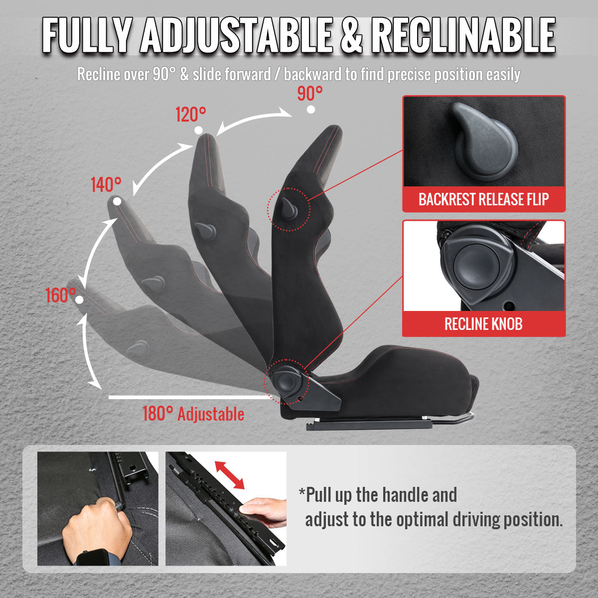 Universal Fully Reclinable Black Suede Red Stitch Bucket Racing Seat w/ Sliders - Single Seat