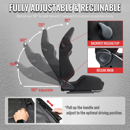 Universal Fully Reclinable Black Suede Red Stitch Bucket Racing Seat w/ Sliders - Single Seat