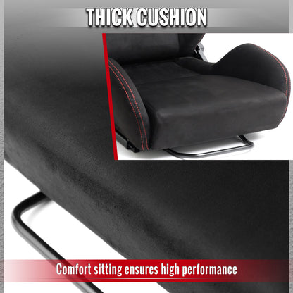 Universal Fully Reclinable Black Suede Red Stitch Bucket Racing Seat w/ Sliders - Single Seat