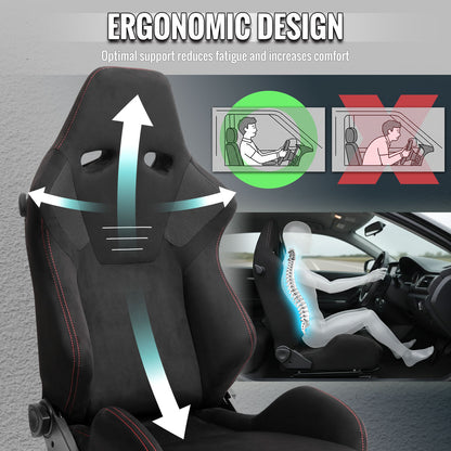 Universal Fully Reclinable Black Suede Red Stitch Bucket Racing Seat w/ Sliders - Single Seat