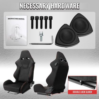 Universal Fully Reclinable Black Suede Red Stitch Bucket Racing Seat w/ Sliders - Single Seat