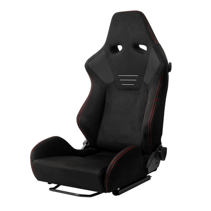 Universal Fully Reclinable Black Suede Red Stitch Bucket Racing Seat w/ Sliders - Single Seat