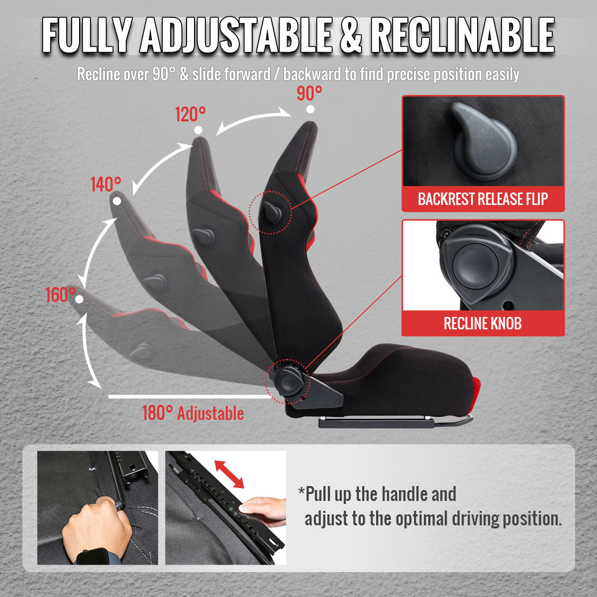 Universal Fully Reclinable Black Red Suede High Bolster Bucket Racing Seat w/ Sliders - Single Seat