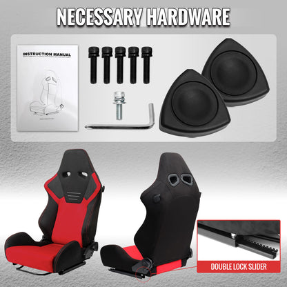 Universal Fully Reclinable Black Red Suede High Bolster Bucket Racing Seat w/ Sliders - Single Seat