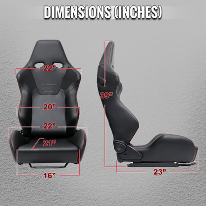 Universal Fully Reclinable Black PU Leather Bucket Racing Seat w/ Sliders - Single Seat
